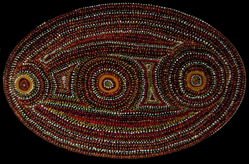 Kathleen Petyarre’s oval Native Flower, 1990, composed of concentric circles and dense linear patterns of red, yellow, green and white dots.