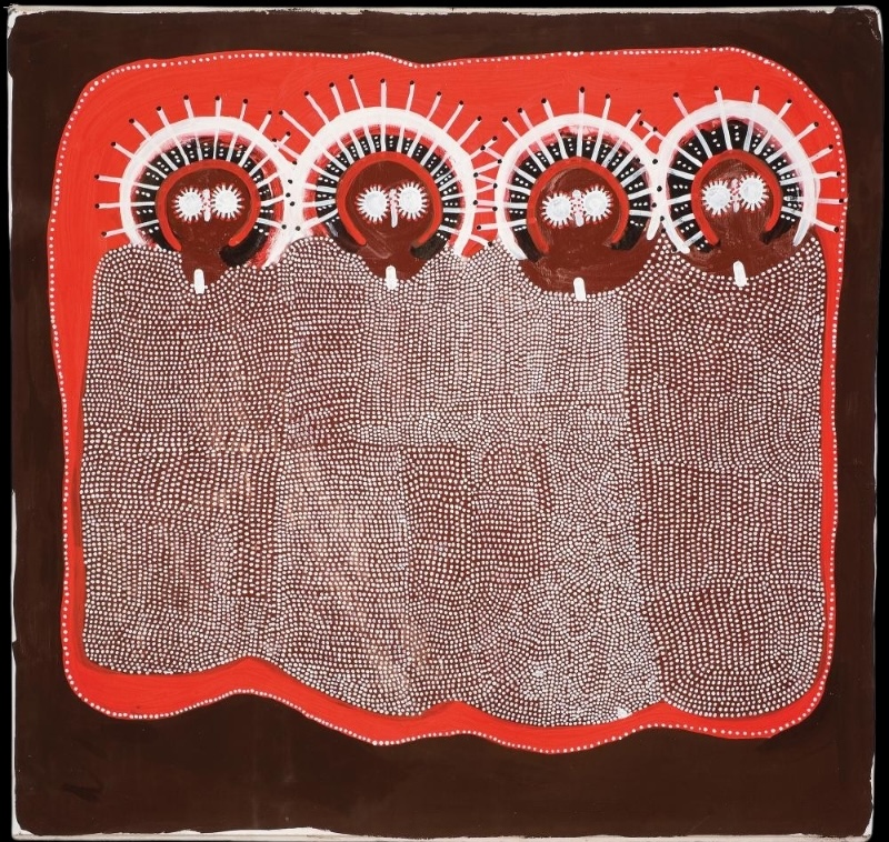 Jack Dale Mengenen painting of four large Wandjina with round white eyes, radiating black and white halos and broad bodies densely covered with thousands of fine white dots.