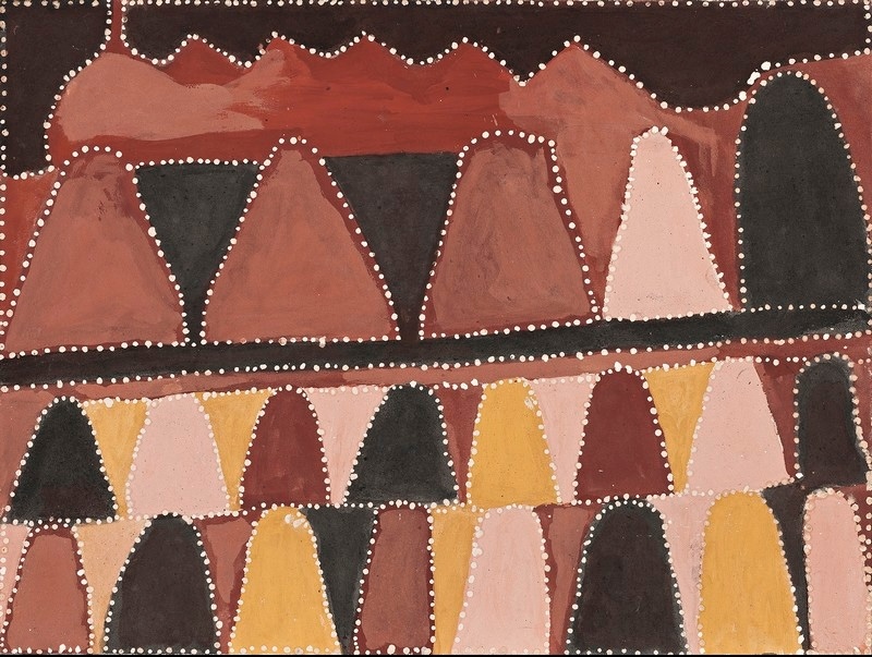Queenie McKenzie ochre painting of Gidja Country, with rows of rounded hills in red, pink, yellow and black outlined by white dots.