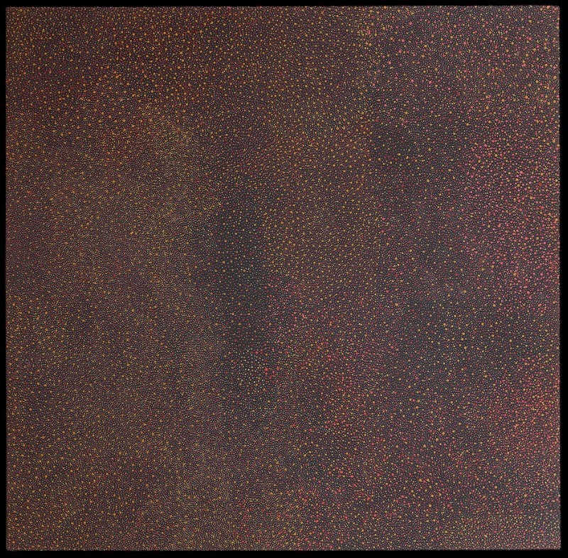 Bush Plum painting by Angelina Pwerle, filled with thousands of tiny red, pink, yellow and ochre dots forming subtle flowing patterns across a dark ground.
