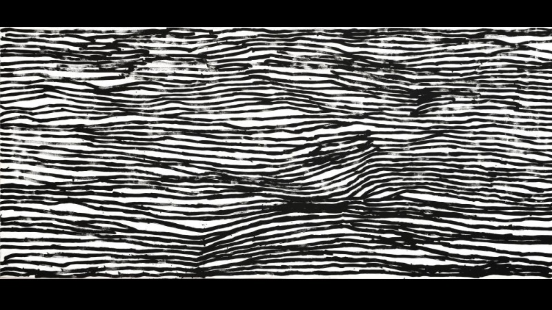 Large Minnie Pwerle painting covered with closely spaced, irregular black horizontal lines flowing and bending across a white ground, creating a rippling wave-like surface.