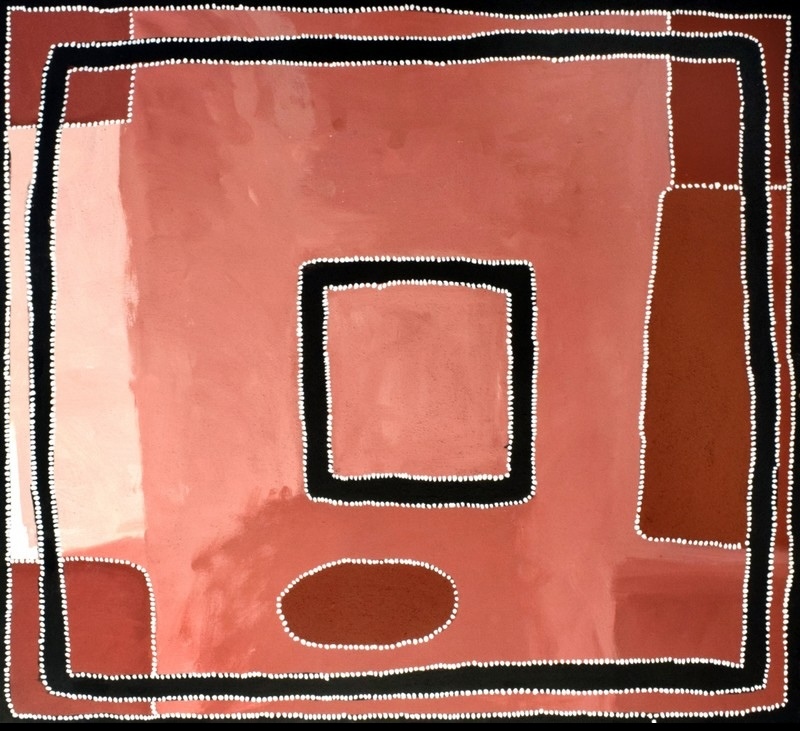 Rammey Ramsey painting in muted pink, red-brown, black and white. Thick black bands edged with white dots form a large enclosing border and central rectangle, while an oval and several red-brown rectangular forms appear within the composition.