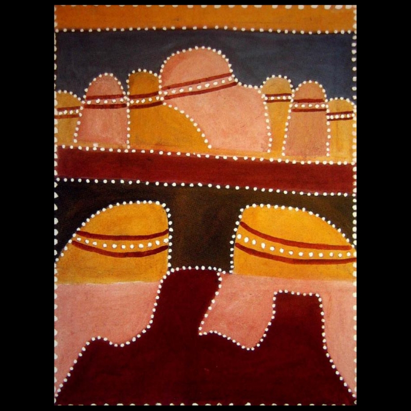 Hector Jandany Aboriginal ochre painting of Texas Downs Country, showing rows of rounded pink and yellow hills crossed by red bands and white dots above larger foreground rock formations.