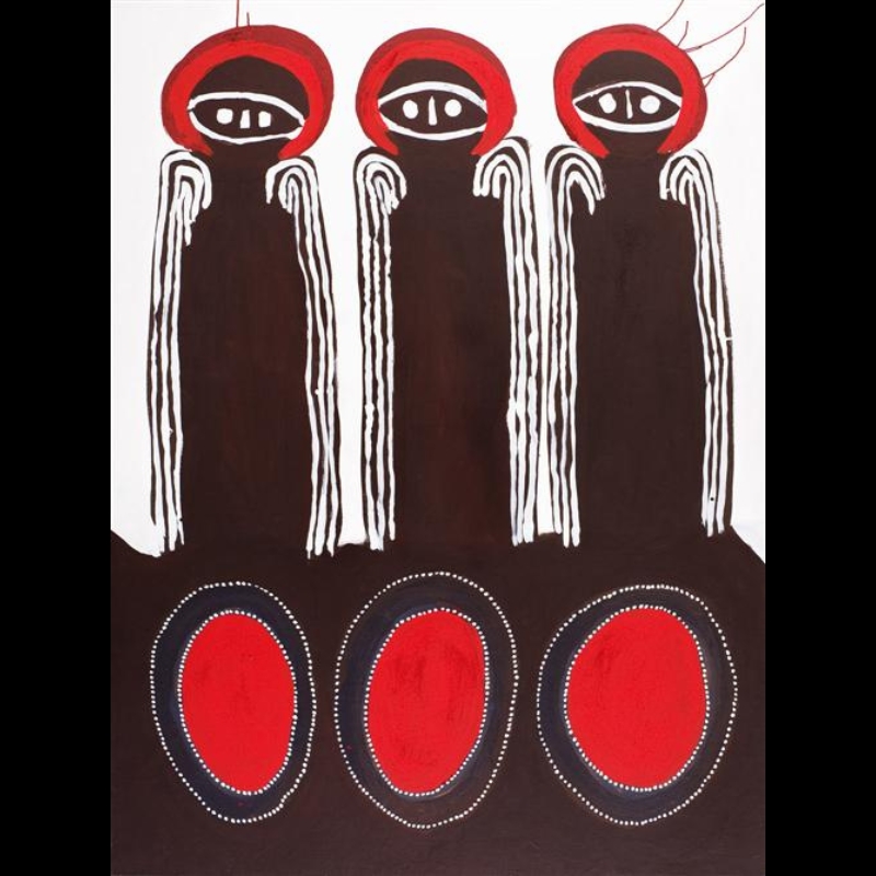 ack Dale Mengenen painting of three tall dark ceremonial figures with red haloed heads and long white-striped arms, standing above three large red oval forms.