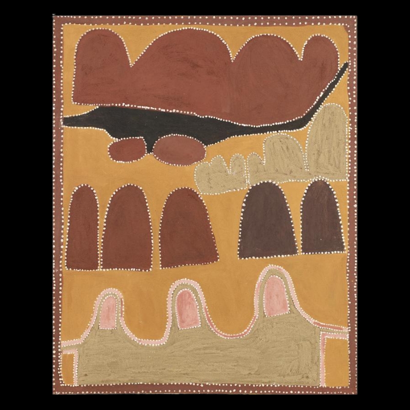 Ochre painting on a yellow ground with rows of rounded red and brown hills outlined in white dots, a sweeping black shape beneath the upper hills, and a large pale green form with three pink-centred arches across the bottom.