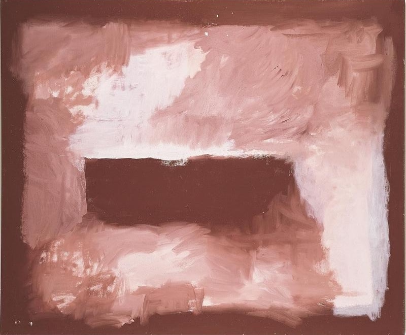 Rammey Ramsey painting with a dark red-brown border surrounding broad, loosely brushed fields of pale pink, white and brown. A large dark rectangular form extends across the centre, partly surrounded and overlapped by lighter areas of pigment.
