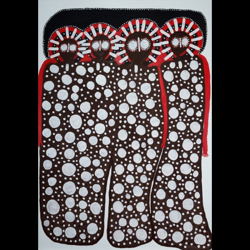 Jack Dale Mengenen painting of four tall Wandjina with large white eyes and striped red, black and white halos, their dark bodies covered with large white circles and smaller dots representing rain and hail.