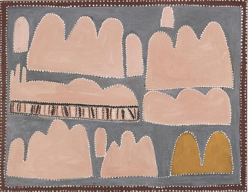 Queenie McKenzie ochre landscape with pale pink rounded hills, a striped rock formation and two golden hills against a blue-grey ground.