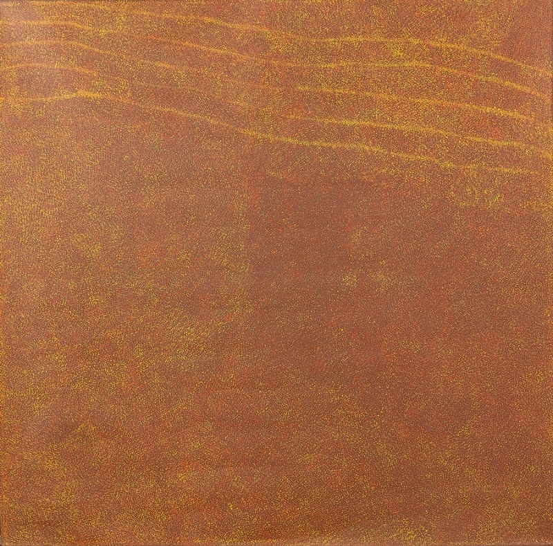 Kathleen Petyarre’s Thorny Devil Lizard Dreaming (My Country), 1997, with dense ochre and yellow dotting forming subtle bands and shifting areas across a red-brown ground.