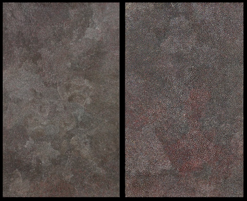 Pair of Awelye paintings by Angelina Pwerle, each densely covered with thousands of tiny pale dots forming subtle shifting patterns over dark grey and reddish grounds.