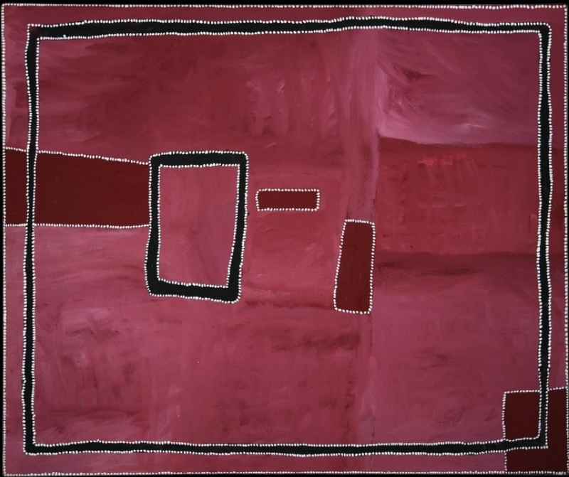 Rammey Ramsey painting in layered shades of deep pink, red and purple, enclosed by a black rectangular border edged with white dots. Several smaller rectangular forms appear within the composition, also defined by black lines and white dotted outlines.