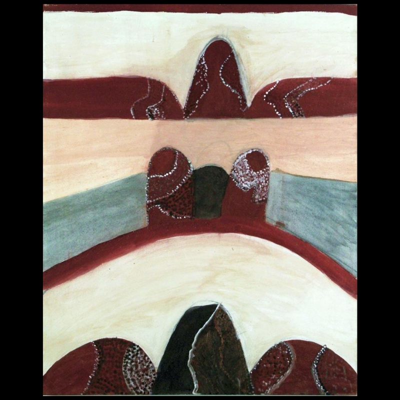 Hector Jandany Aboriginal ochre painting showing three layers of red-brown hills and rock formations separated by broad fields of cream, pale blue and white, with sparse dotted markings.
