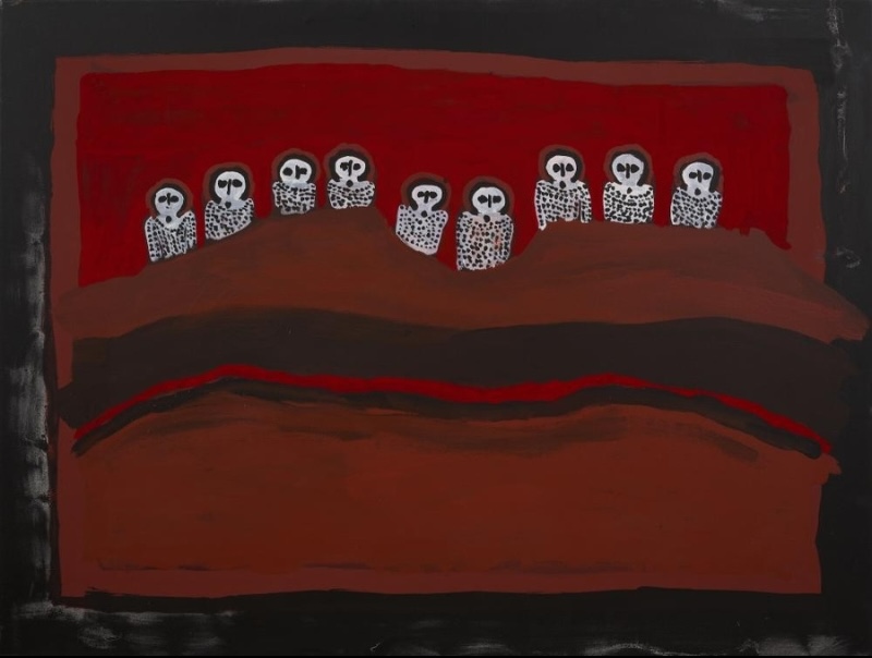 Jack Dale Mengenen painting showing nine small Wandjina figures with pale round faces and dotted bodies arranged across a red and brown Kimberley landscape.