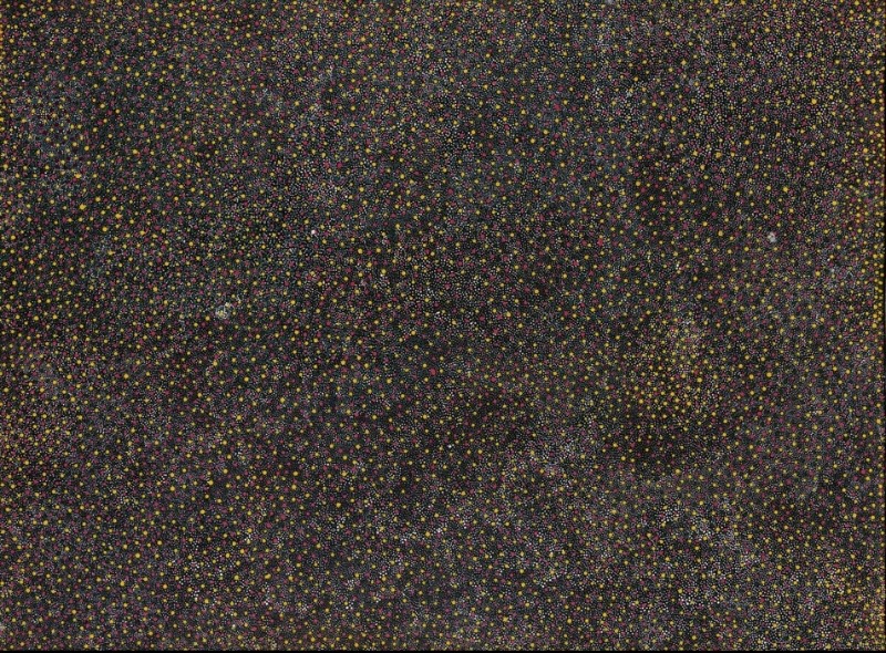 Bush Plum Dreaming painting by Angelina Pwerle, densely covered with thousands of tiny yellow, pink, red and pale dots across a dark ground.