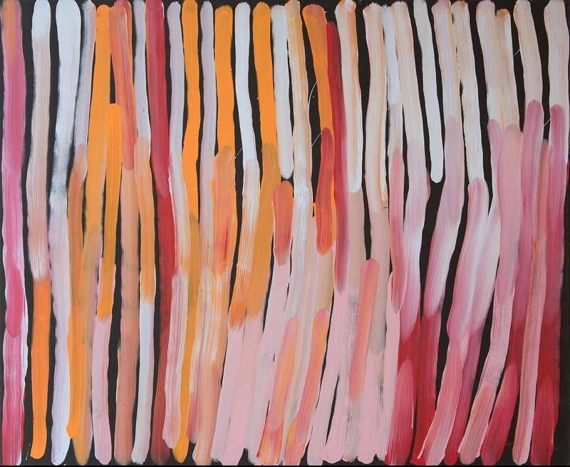 Minnie Pwerle Awelye Atnwengerrp painting with vertical ceremonial body-paint lines in pink, orange, red and white against black.