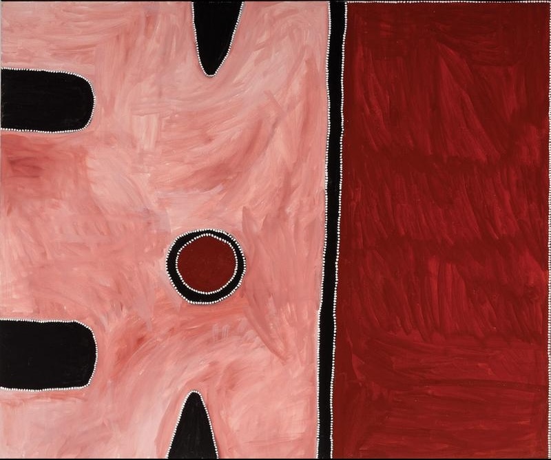 Rammey Ramsey painting divided vertically into a pale pink field and a deep red field. Black forms edged with small white dots enter the pink area from the sides, surrounding a red-centred circle, while a narrow black band separates the two fields.