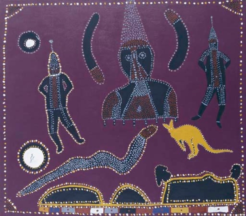 Jack Dale Mengenen painting with three Aboriginal figures, a large central ceremonial figure, snake, yellow kangaroo and landscape forms on a purple ground.