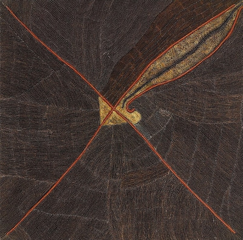 Kathleen Petyarre’s Mountain Devil Lizard, 2010, with dense fine dotting, crossing red lines and an elongated ochre form.