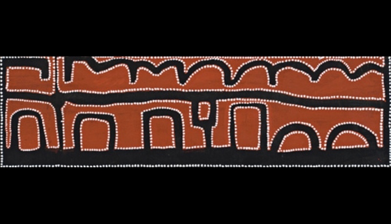 Long horizontal Rammey Ramsey painting on a red-brown ground, divided into bands of black geometric forms outlined with rows of small white dots. Arches, rectangles, winding lines and enclosed shapes extend across the composition.