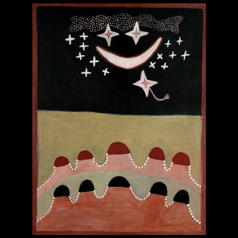 Hector Jandany Aboriginal ochre painting showing a crescent moon, stars and a long-tailed comet in a black night sky above two rows of rounded pink, red and black hills.