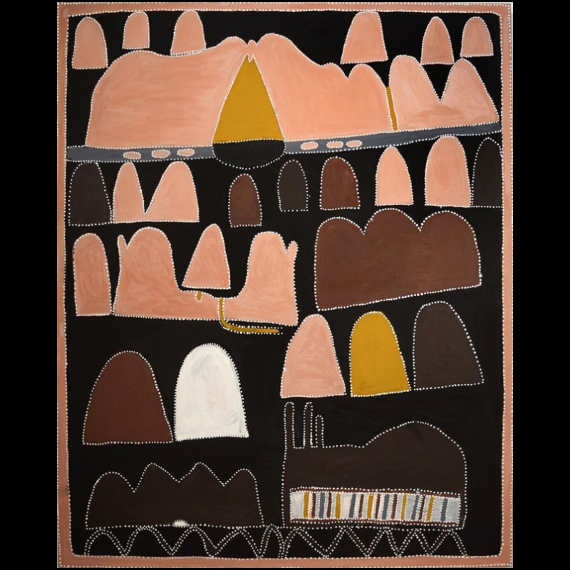 Queenie McKenzie ochre landscape mapping Gidja Country with pink, brown, yellow and white hills, a fishing hole, waterways and patterned ranges.