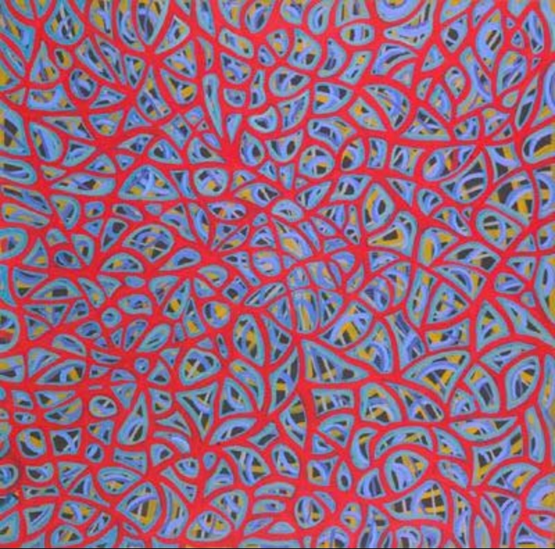 Painting by Gloria Petyarre filled with an intricate web of bright red looping lines over layers of pale blue, yellow and dark curved forms.