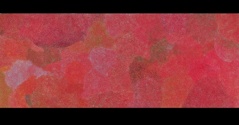 Large horizontal painting by Angelina Pwerle, with fine red and pink marks forming broad irregular fields punctuated by areas of purple, ochre, green and orange.