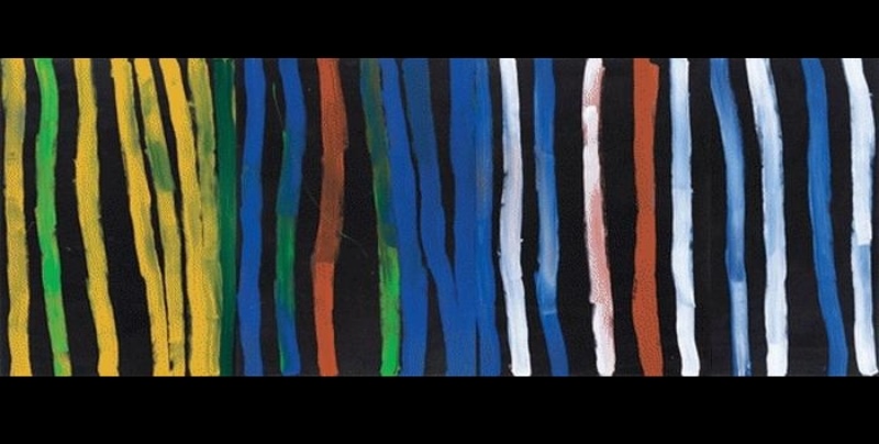 Minnie Pwerle Awelye Atnwengerrp four-panel painting with long vertical body-paint lines in yellow, green, blue, white and red.