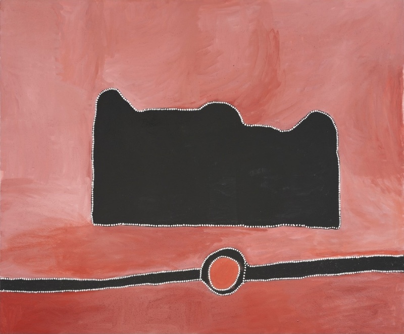 Rammey Ramsey painting with a softly brushed pink and red ground, dominated by a large irregular black shape outlined with small white dots. Below, a long black horizontal band crosses the canvas through a red-centred circular form.