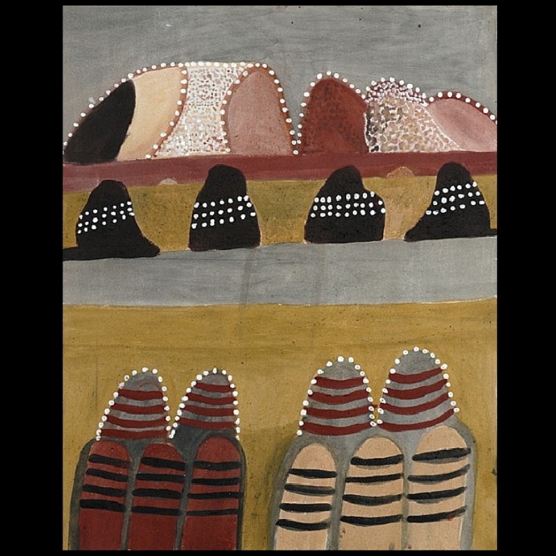 Hector Jandany Aboriginal ochre painting showing layered groups of rounded hills in black, red, cream, grey and pink, patterned with white dots and horizontal bands.