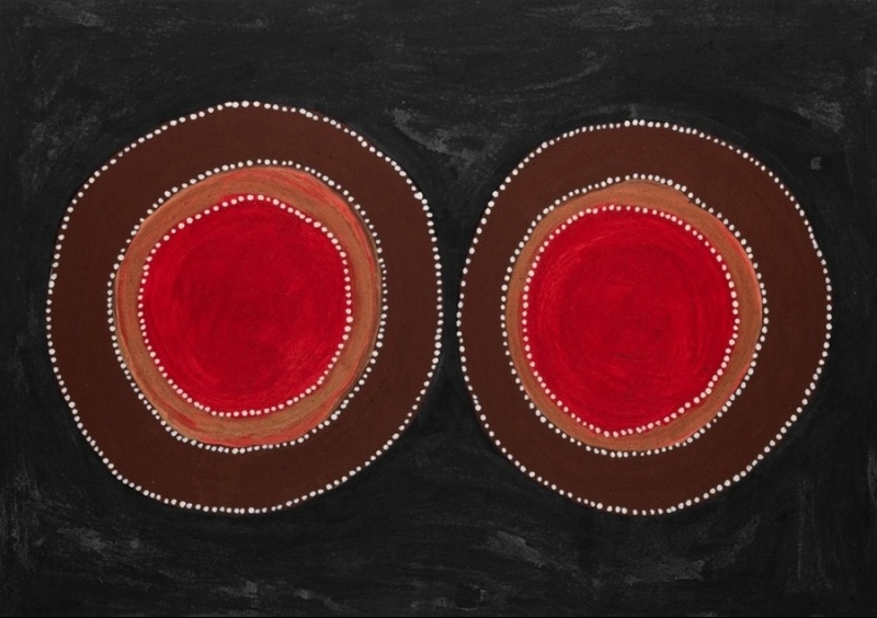 Jack Dale Mengenen painting of two large circular Djalala marking stones, formed from concentric red, ochre and brown rings edged with fine white dots on a black ground.