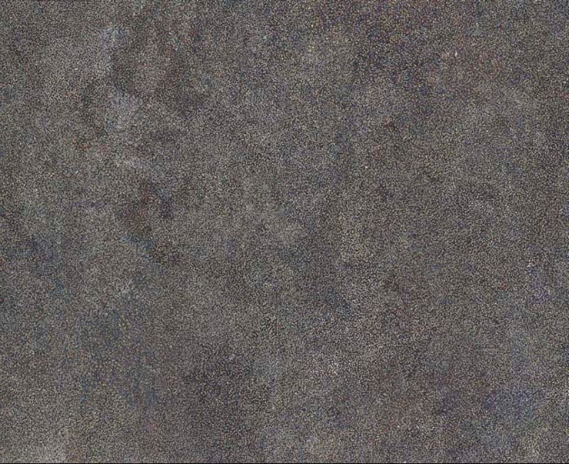 Bush Plum Dreaming painting by Angelina Pwerle, densely covered with thousands of minute pale, ochre and muted coloured dots forming subtle patterns across a dark ground.