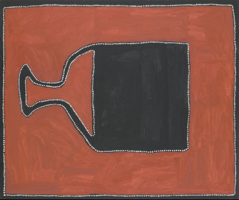 Rammey Ramsey painting with a broad red-brown ground surrounding a large irregular black form. The black shape has a deep forked projection extending to the left, with its edges and the outer border marked by rows of small white dots.