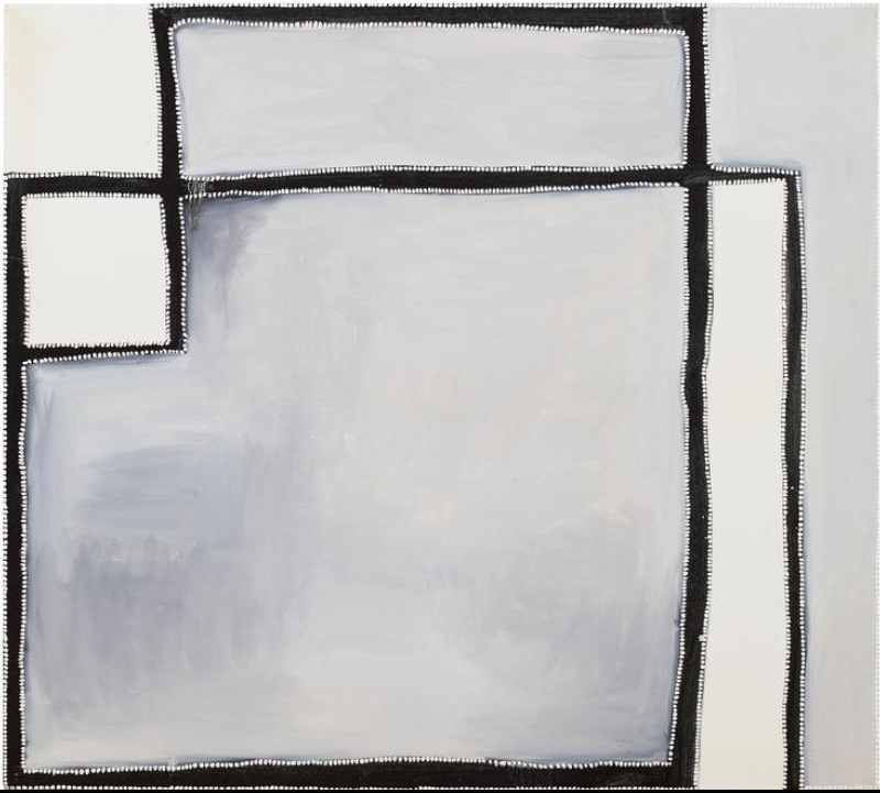 Rammey Ramsey painting in pale grey, white and cream, divided into large irregular fields by thick black lines edged with rows of small white dots. A broad pale grey central area is surrounded by smaller rectangular forms.