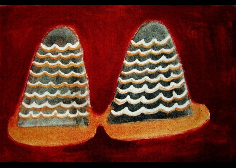 Hector Jandany Aboriginal ochre painting showing two steep rounded hills filled with repeated wavy bands of white and yellow ochre against a deep red ground.
