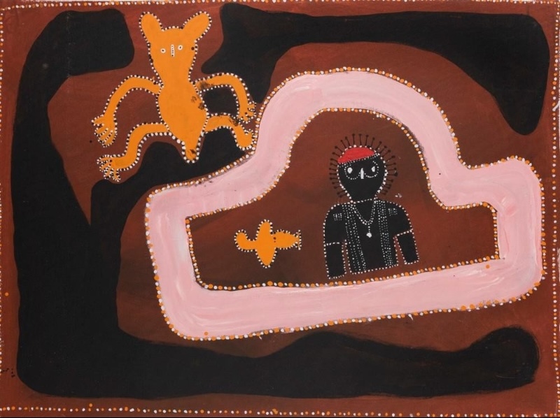 Jack Dale Mengenen painting showing a black Wandjina figure inside a large pink enclosed form, with an orange Argula spirit figure and small animal above.