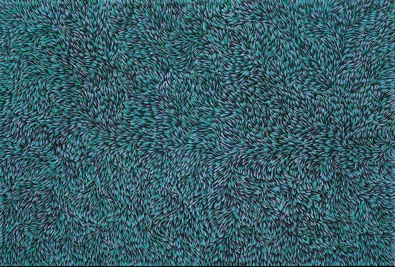Gloria Petyarre painting filled with dense turquoise, blue and pale leaf-shaped brush marks flowing in swirling patterns across a dark ground.