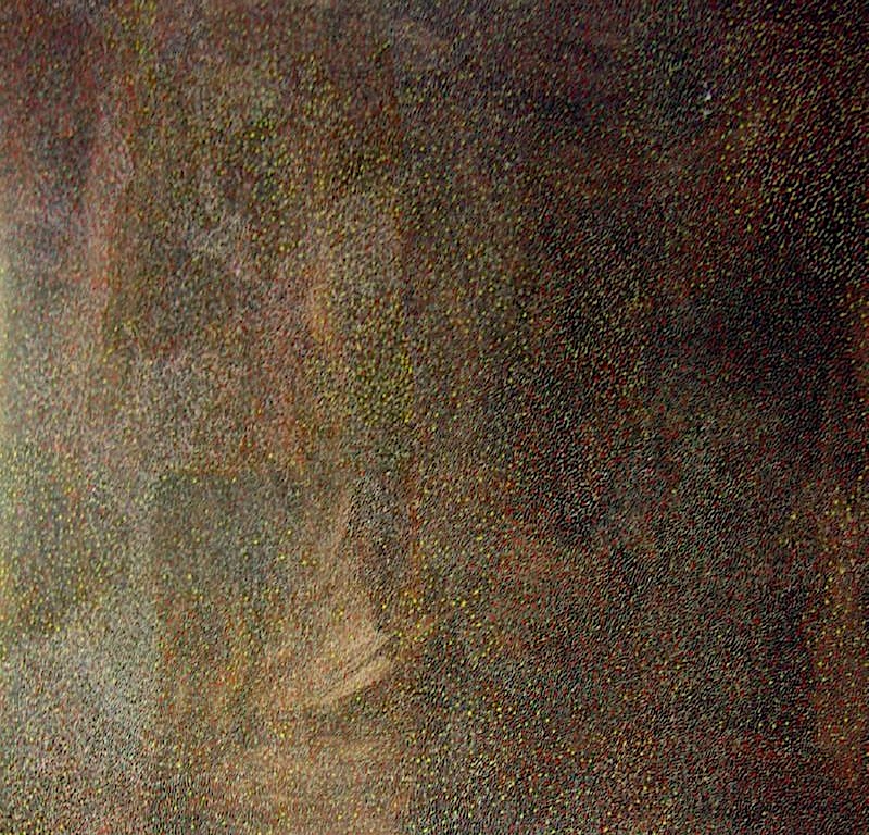 Bush Plum painting by Angelina Pwerle, densely covered with tiny red, yellow, ochre and pale dots forming softly shifting areas across a dark ground.