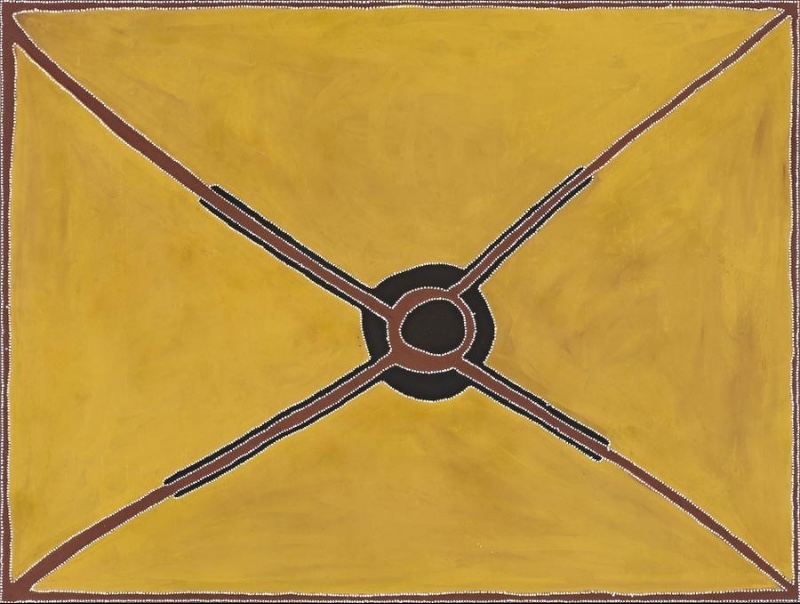 Rover Thomas Waringarri – The Meeting Place, 1996, showing four intersecting pathways converging on a central meeting place in yellow, red and black ochre.