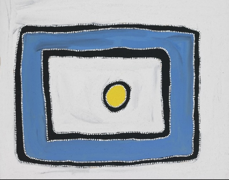 Rammey Ramsey painting with a large blue rectangular band enclosing a white central field. Thick black outlines edged with rows of white dots define the nested forms, while a small yellow oval sits at the centre.