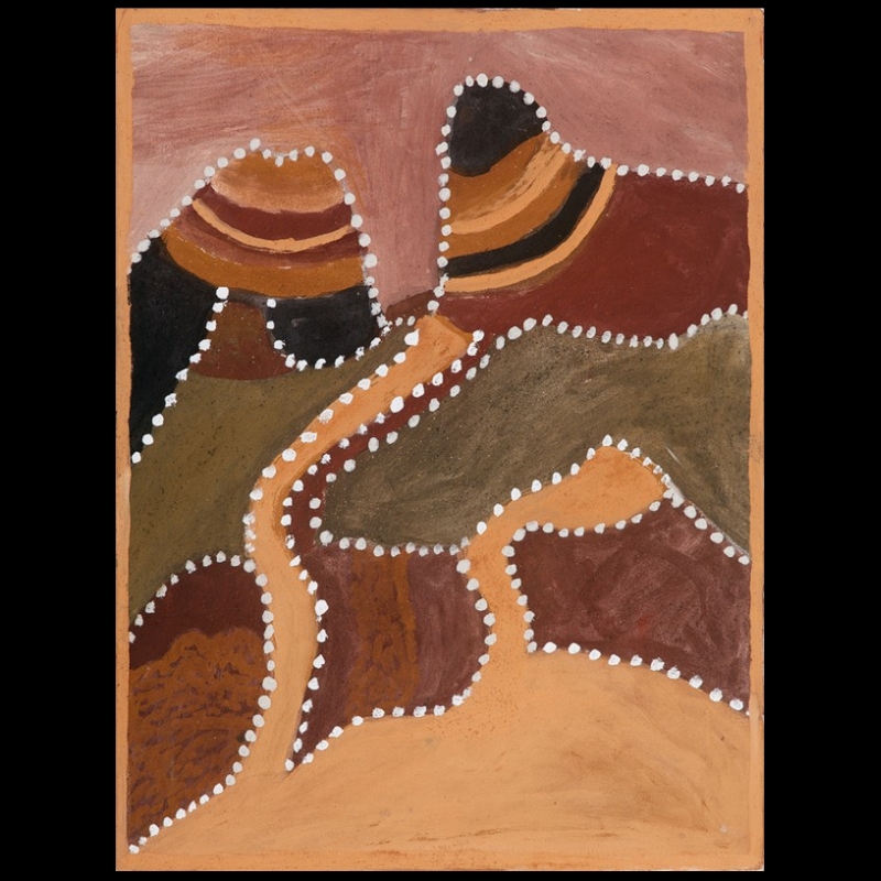 Hector Jandany Aboriginal ochre painting of Warily Country, with two prominent hills, winding tracks and rockholes outlined in white dots.