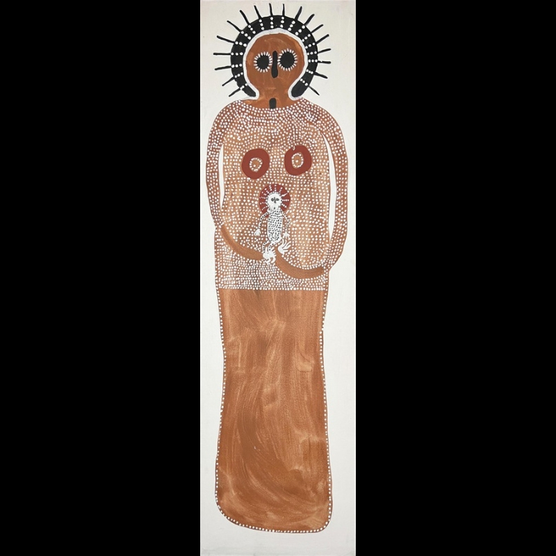 Jack Dale Mengenen painting of a tall female Wandjina in brown ochre with a radiating black-and-white halo, long rounded body covered with fine white dots, and a small baby figure held at the centre.