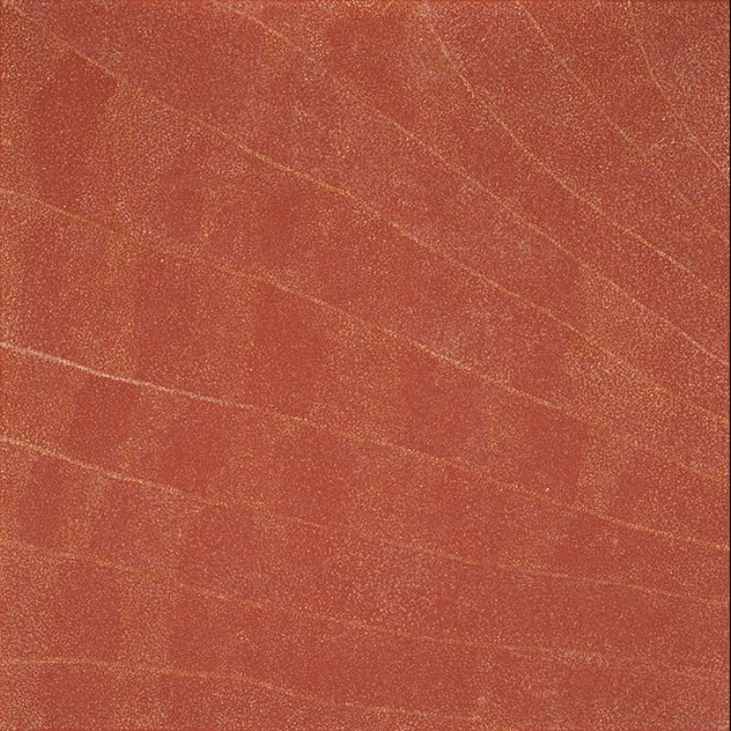 Kathleen Petyarre’s Sand Hills in Atnangkere Country, 1999, with fine ochre dotting and parallel lines extending diagonally across a red ground.