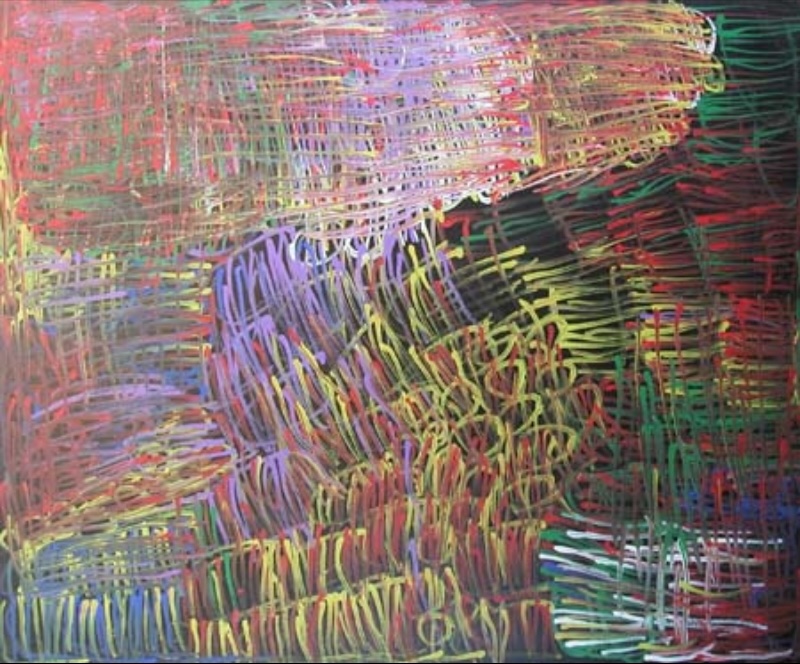 Minnie Pwerle painting covered with overlapping pink, purple, green, yellow, red and white lines forming dense striped and cross-hatched areas across a dark background.