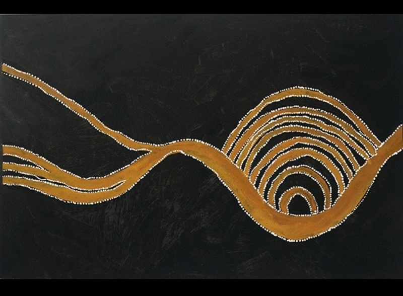 Rover Thomas Bullock Hide Story painting with sweeping ochre pathways and concentric arched forms outlined by white dots against a deep black ground.