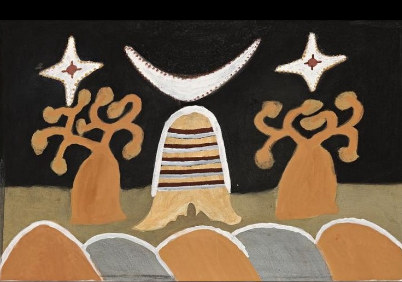 Hector Jandany Aboriginal ochre painting showing two golden bottle trees beneath a white crescent moon and two stars, with a striped central hill and rounded hills across the foreground.