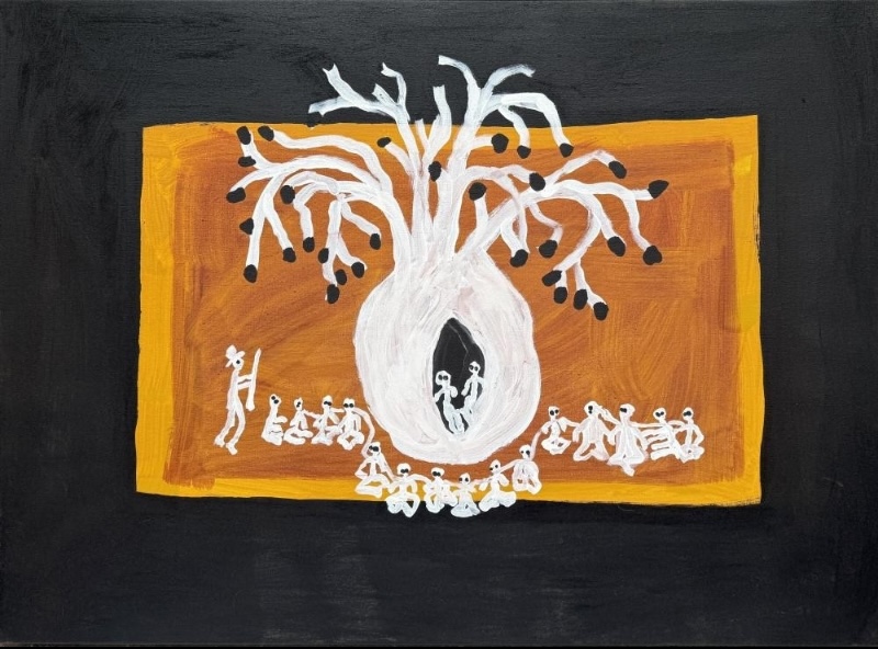 Jack Dale Mengenen painting of a large white boab tree surrounded by groups of seated Aboriginal prisoners, with several small figures shown inside the hollow trunk and a standing guard-like figure at left, against ochre and black fields.