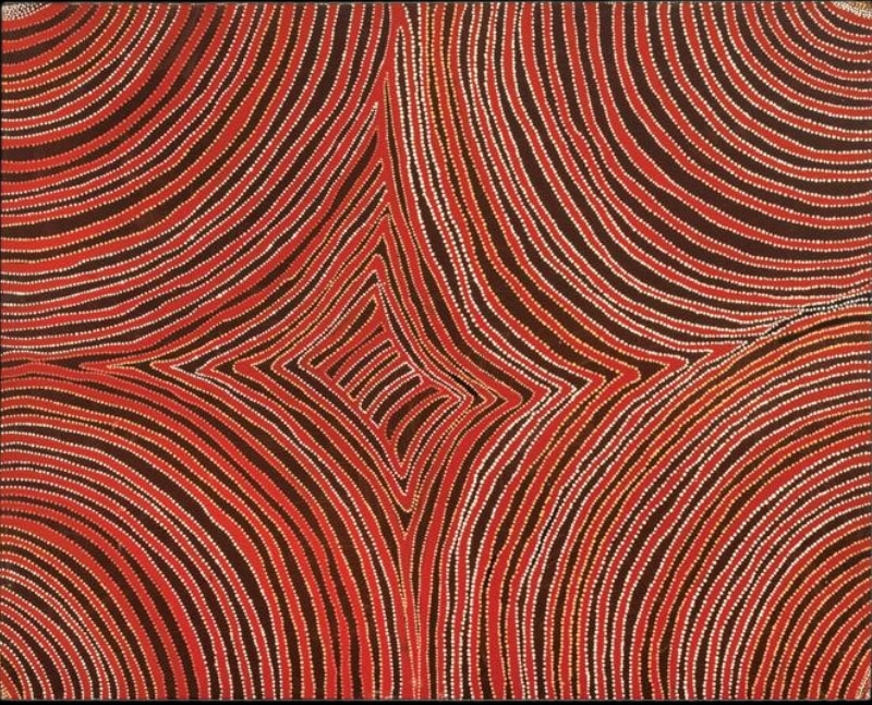 Painting by Gloria Petyarre with flowing red bands edged by fine white dots, curving inward from four directions around a central star-like form.