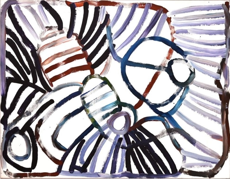Minnie Pwerle painting with broad black, purple, blue and brown curved lines and circular forms arranged across a white ground, with striped fan-like shapes filling the edges.