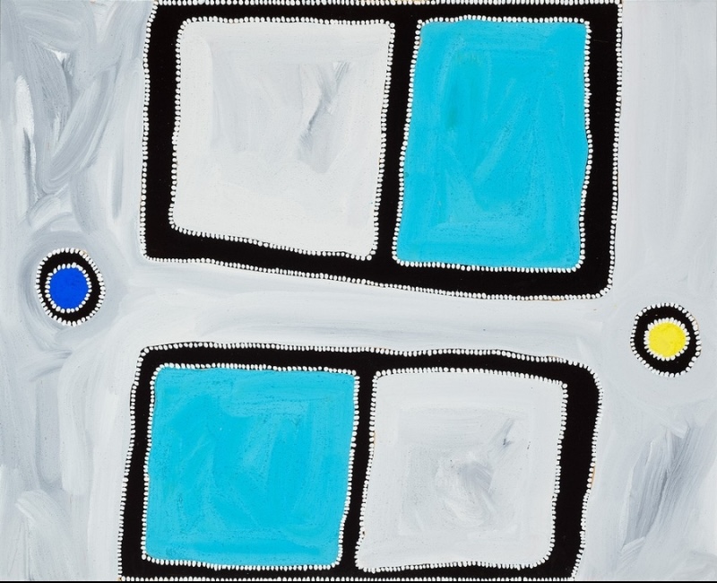 Rammey Ramsey painting on a pale grey and white ground with two large black-outlined rectangular forms, each divided into blue and white sections. Small blue and yellow circles appear at either side, with the black forms edged by rows of white dots.